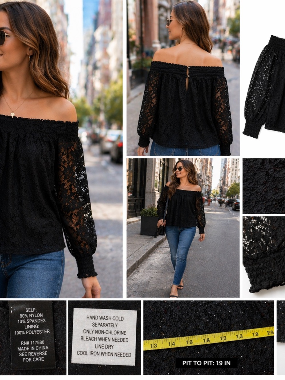 Black Lace Off Shoulder Blouse Boho Sheer Floral Long Sleeve Keyhole Back Top - Picture 4 of 13